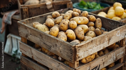 Wooden boxes made of boards filled with raw potatoes. Farmer's vegetable market.