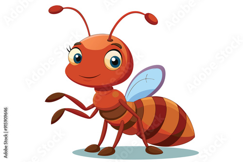 A playful, friendly ant stands with a smile, showcasing its vibrant colors and wings, radiating a joyful energy in a bright setting