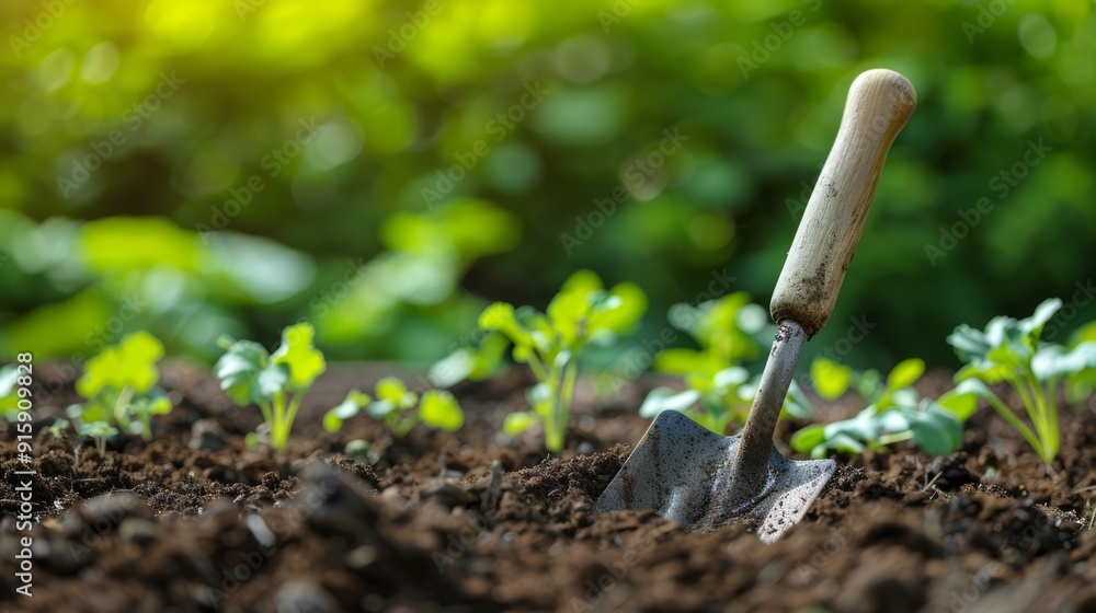 Gardener planting seedlings in a sunny vegetable garden with a small trowel stuck in the soil