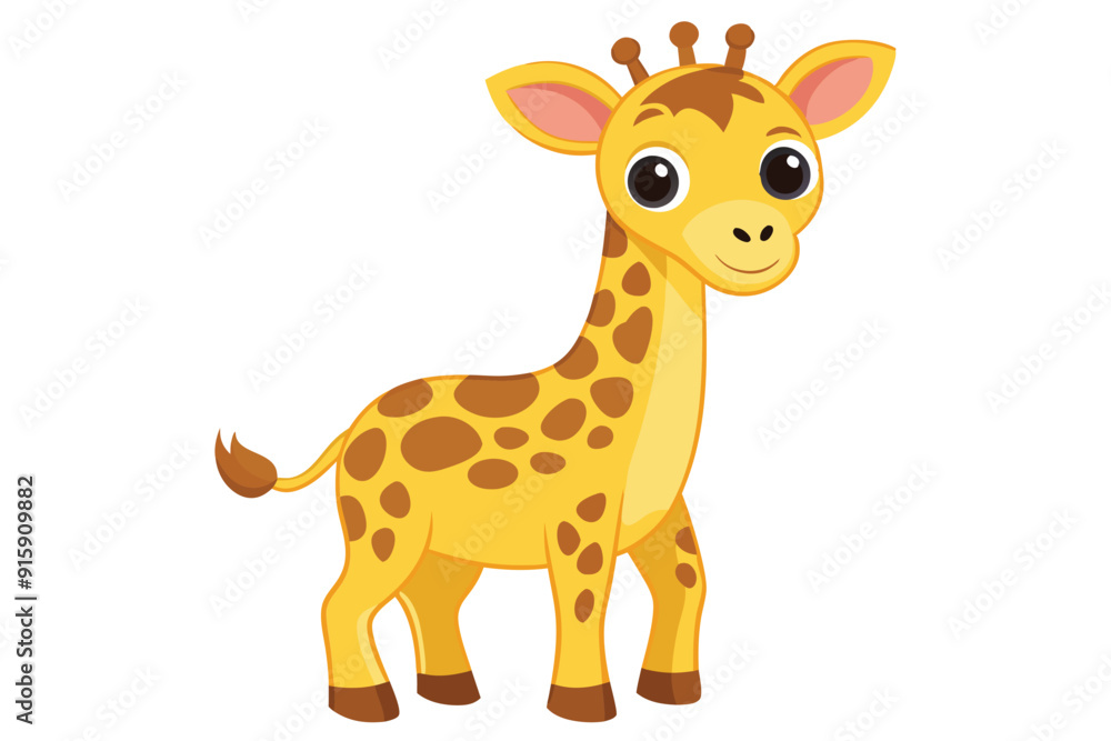 A charming cartoon giraffe stands proudly with a warm smile, showcasing its vibrant yellow coat and playful spots against a clean white backdrop A charming cartoon giraffe stands proudly with a warm smile, showcasing its vibrant yellow coat and playful spots against a clean white backdrop