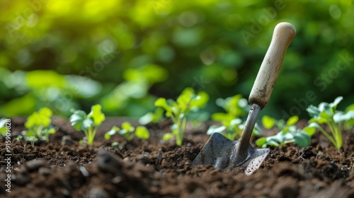 Obraz na płótnie Gardener planting seedlings in a sunny vegetable garden with a small trowel stuck in the soil w salonie