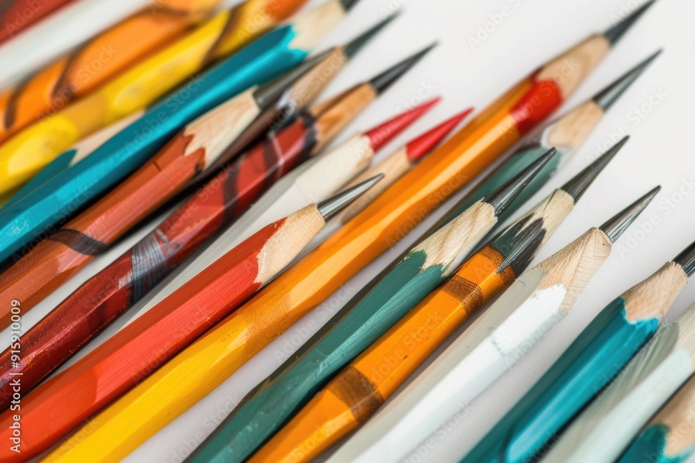 A set of colorful pencils arranged together on a surface A set of colorful pencils arranged together on a surface