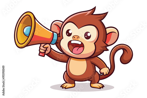 A cheerful monkey with a megaphone passionately shouts, spreading joy at a vibrant outdoor gathering on a sunny day