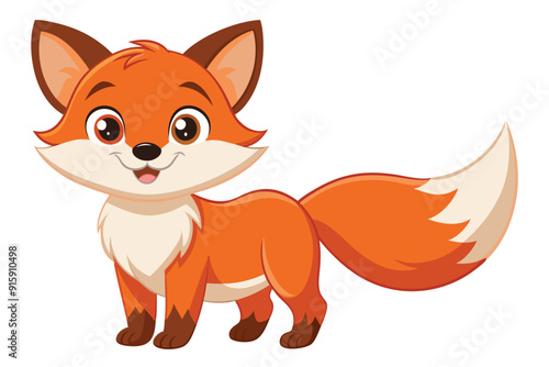 A cheerful cartoon fox stands isolated on a white background, showcasing its bright orange fur and friendly, playful expression