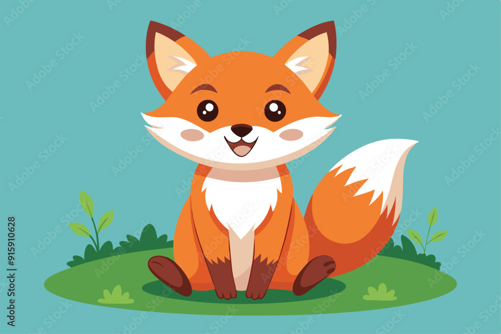 A cheerful little cartoon fox sits on green grass, smiling brightly under a clear blue sky, embodying joy and playfulness A cheerful little cartoon fox sits on green grass, smiling brightly under a clear blue sky, embodying joy and playfulness