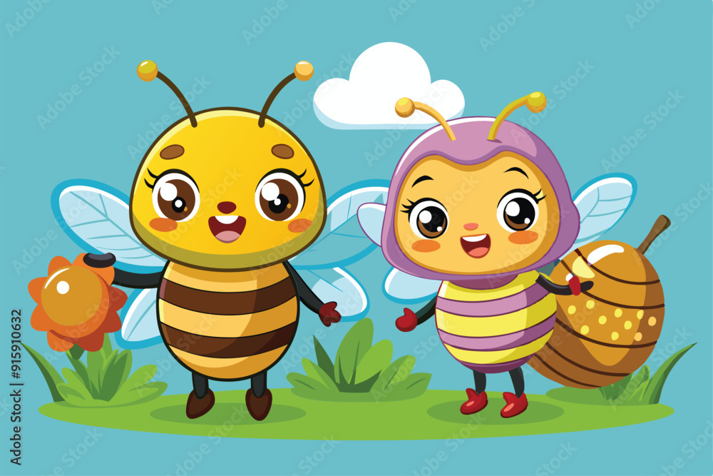 Two adorable cartoon bees are happily playing in a sunny garden, surrounded by flowers, holding honey and smiling with joy Two adorable cartoon bees are happily playing in a sunny garden, surrounded by flowers, holding honey and smiling with joy