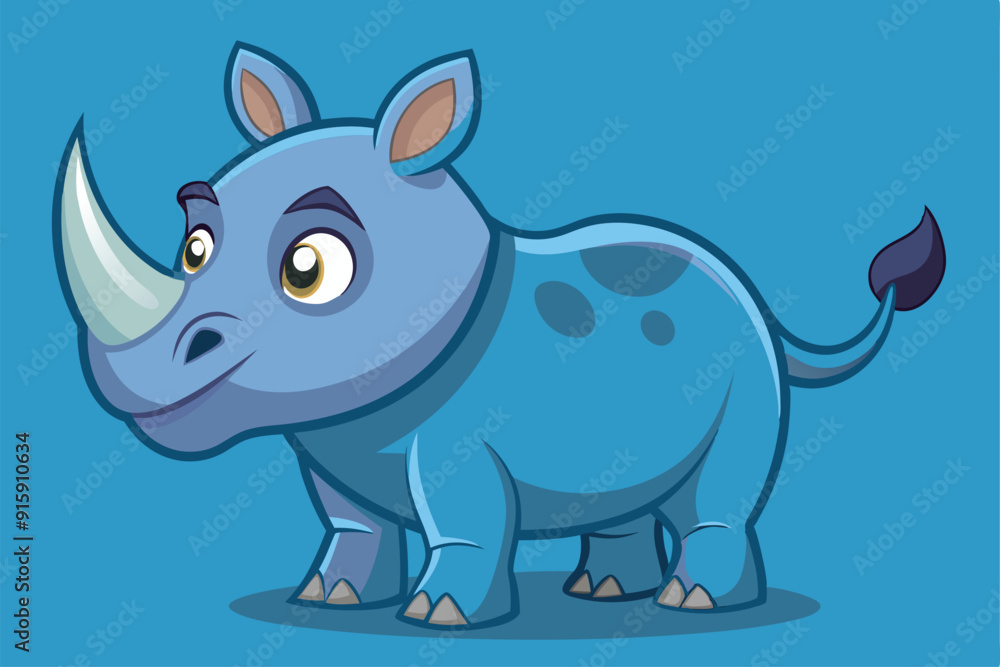 Naklejka premium A cheerful, cartoon-style rhinoceros with a playful expression stands against a vivid blue backdrop, showcasing its fun design and vibrant colors