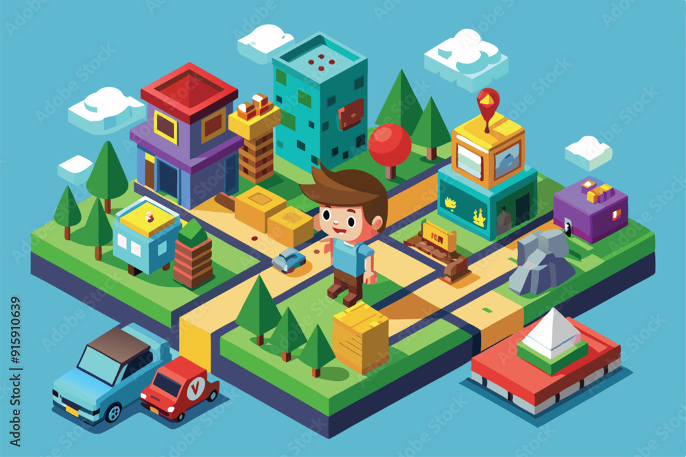 A young boy wanders through a vibrant cartoon city filled with colorful buildings, trees, and playful elements on a beautiful day A young boy wanders through a vibrant cartoon city filled with colorful buildings, trees, and playful elements on a beautiful day
