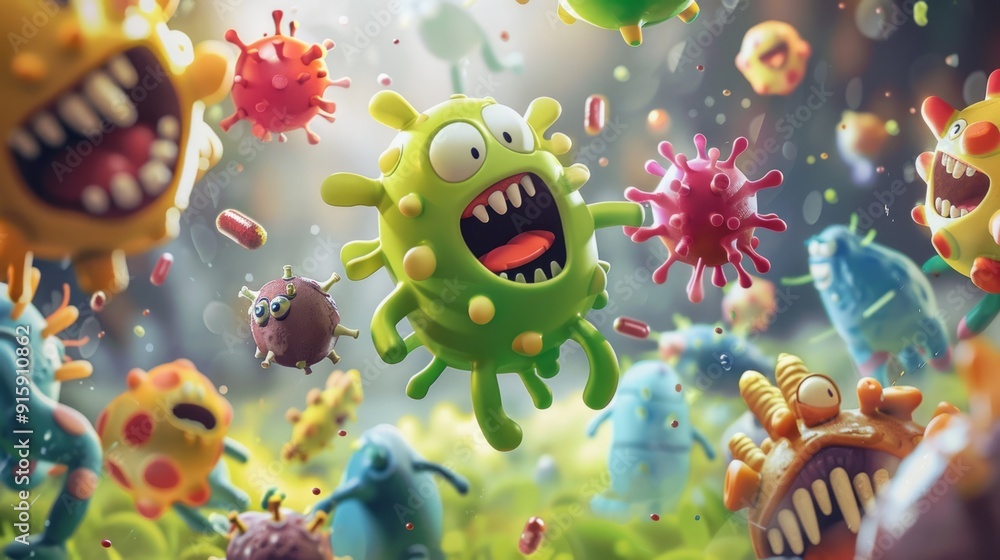 Vibrant 3d illustration of toothy cartoon germs battling against red medicine capsules. Microscopic monsters in a fun yet slightly scary scene