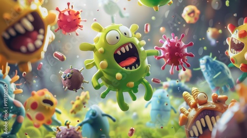 Obraz na płótnie Vibrant 3d illustration of toothy cartoon germs battling against red medicine capsules. Microscopic monsters in a fun yet slightly scary scene w salonie