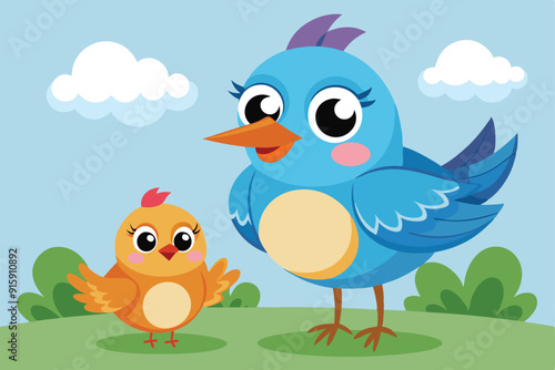 A mother bird and her adorable baby bird stand happily together in a vibrant garden under a bright blue sky filled with fluffy clouds