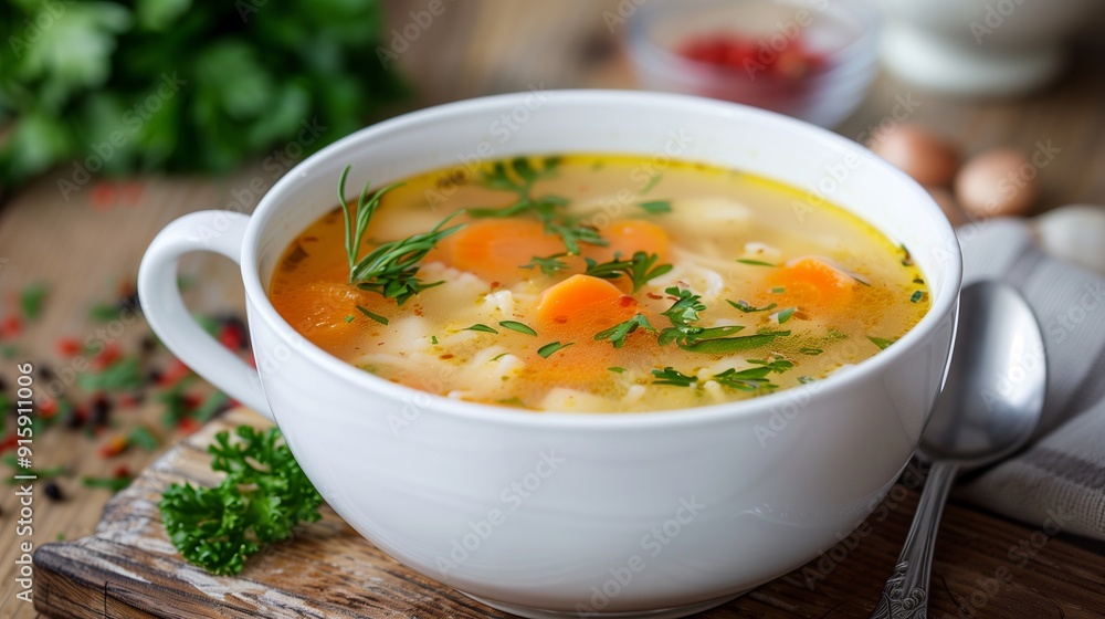 White large mug with instant soup. Soup with noodles, pieces of vegetables and fresh herbs. A warming fall meal for cooler weather. White large mug with instant soup. Soup with noodles, pieces of vegetables and fresh herbs. A warming fall meal for cooler weather.