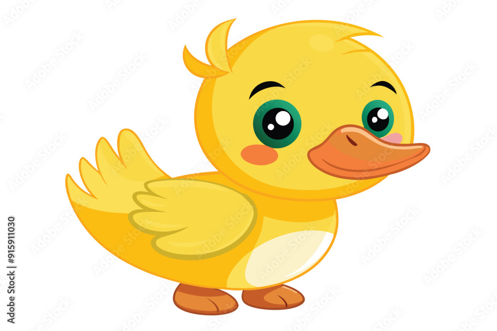 A cheerful baby duck with big eyes and a smiling face stands on a white background, radiating charm and innocence A cheerful baby duck with big eyes and a smiling face stands on a white background, radiating charm and innocence