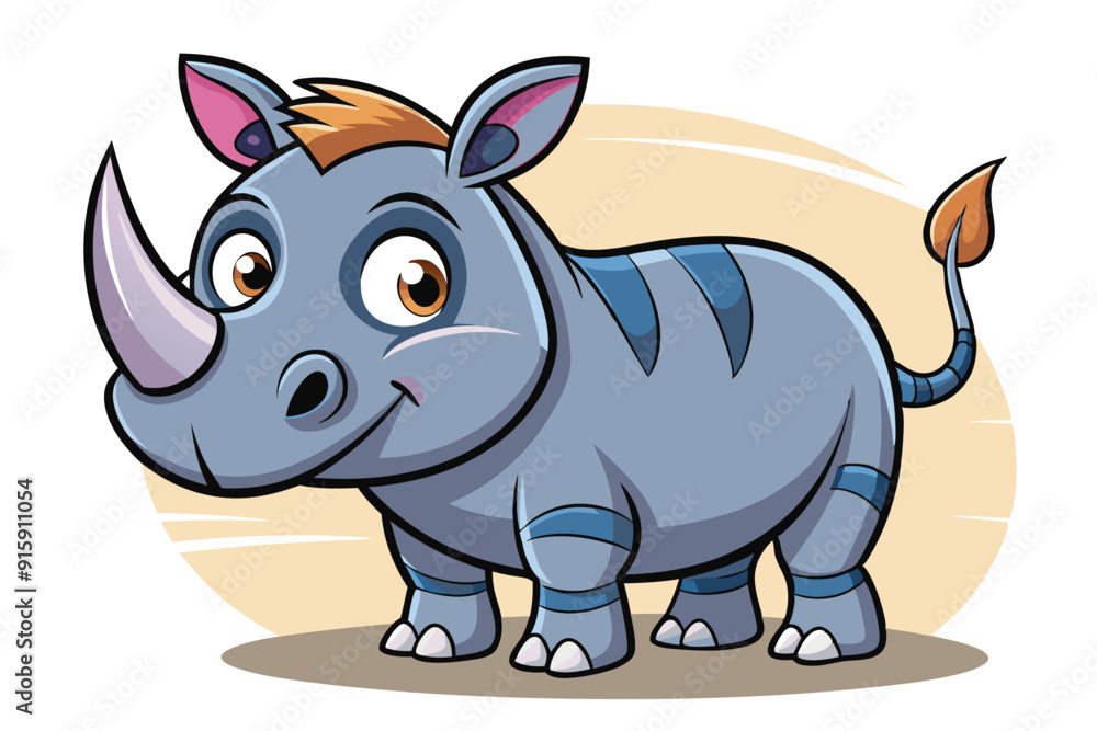 Fototapeta premium A cheerful cartoon rhino with big eyes stands happily in a bright, colorful environment, adding joy to a playful forest atmosphere