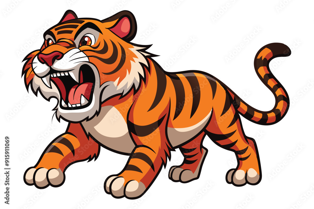 Obraz premium A cartoon tiger roars energetically, showcasing its striking orange and black stripes, set against a clean white backdrop