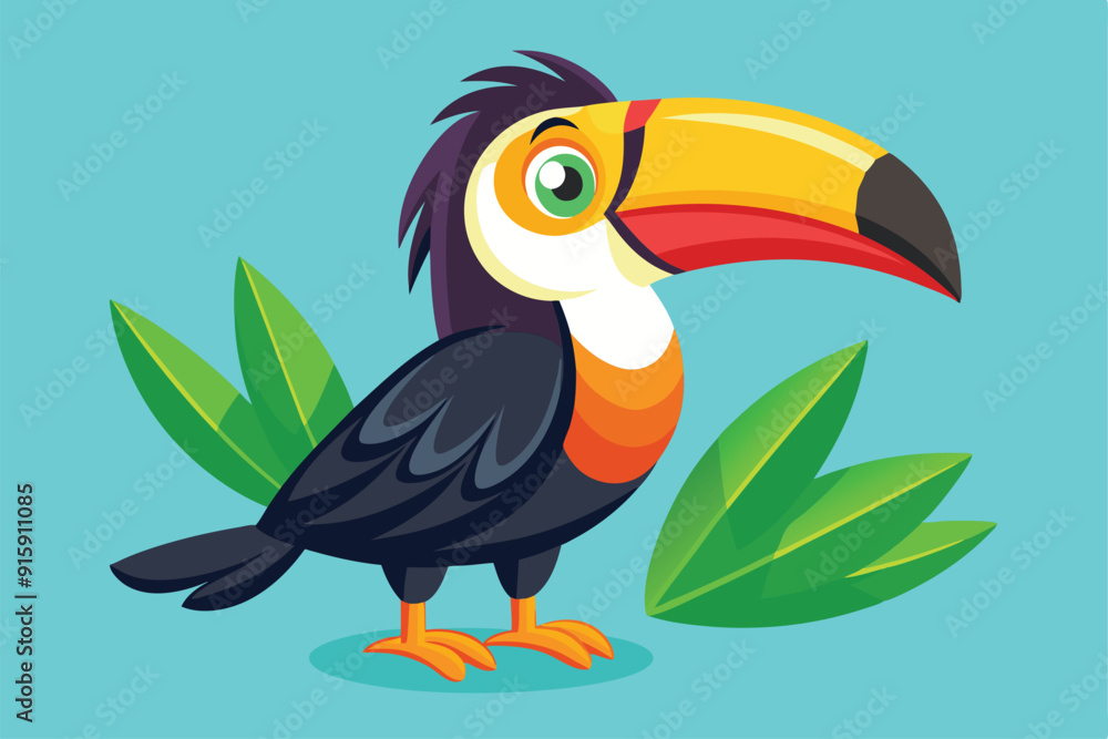 Fototapeta premium A vibrant cartoon toucan poses proudly among lush green leaves, showcasing its colorful beak and playful demeanor in a bright tropical environment