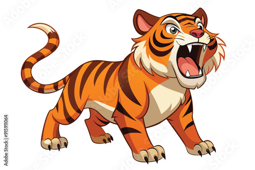 A cartoon tiger stands boldly, roaring with energy and character against a clean white background