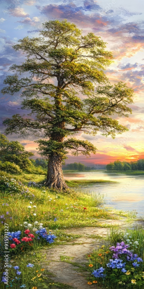 Tranquil riverside landscape at sunset Tranquil riverside landscape at sunset