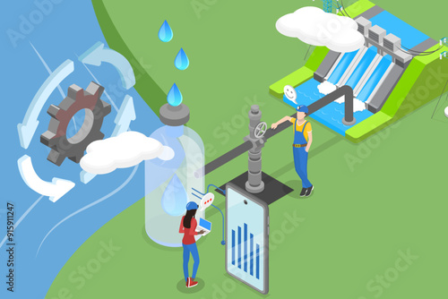 3D Isometric Flat Vector Illustration of Water Conservation And Reuse Management, Earth Resources Preserving