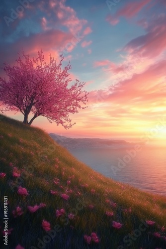 Cherry blossom tree overlooks a tranquil sunset by the sea