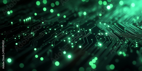 Green, glowing data particles flowing on a black circuit board background, a technology concept