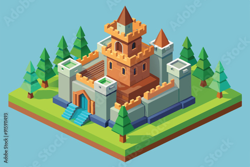 A detailed isometric view of a customizable castle surrounded by trees, showcasing a vibrant and imaginative landscape
