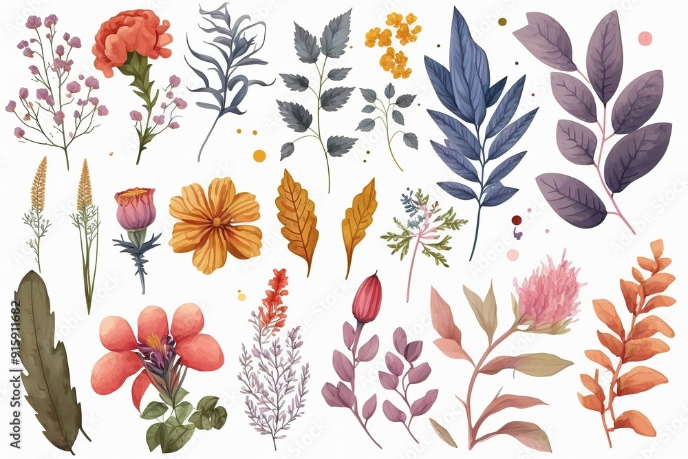 Collection of various flowers, leaves, and branches painted in watercolor style. Collection of various flowers, leaves, and branches painted in watercolor style.