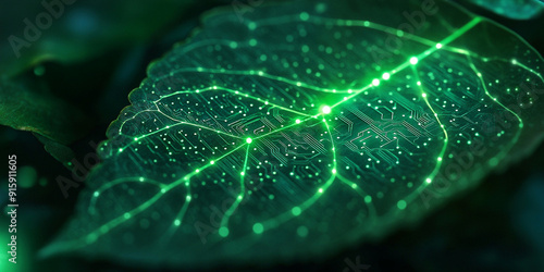 Close-up of a bioluminescent green leaf with digital data connections, dark background