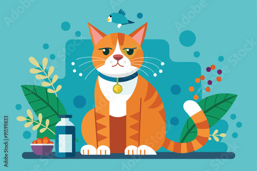 A flat illustration features a cat with allergy considerations, showcasing a balanced indoor space with plants, food, and a pet bird