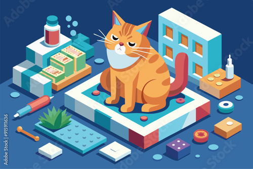 A customizable illustration features a cat surrounded by allergy medication and various playful items, highlighting the challenge of cat allergies