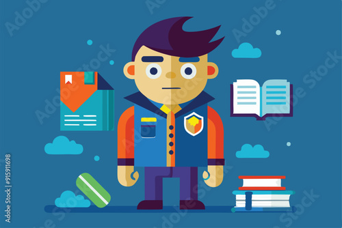 A young male student with a serious expression stands amidst books and educational objects, set against a vibrant blue backdrop