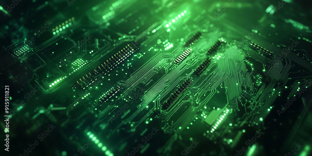 A close-up of green, glowing computer circuits, with rays and lines representing data flow A close-up of green, glowing computer circuits, with rays and lines representing data flow