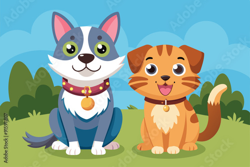 A cheerful cat and dog sit together in a sunny park, showcasing their playful friendship and vibrant personalities against a blue sky backdrop