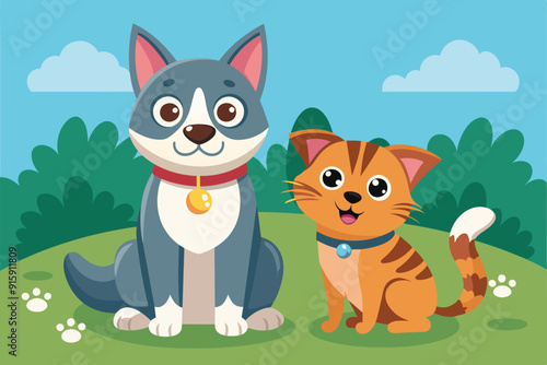 A cheerful dog and cat sit together on grass, basking in sunlight and enjoying their time outdoors in a vibrant park setting