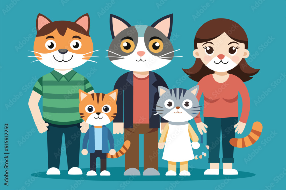 A charming illustration showcases a customizable cat family, depicting playful characters dressed in casual outfits, radiating joy and togetherness A charming illustration showcases a customizable cat family, depicting playful characters dressed in casual outfits, radiating joy and togetherness
