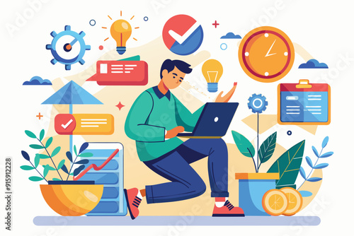 An individual focuses on completing tasks with a laptop, surrounded by plants, charts, and light bulbs, highlighting productivity and creativity