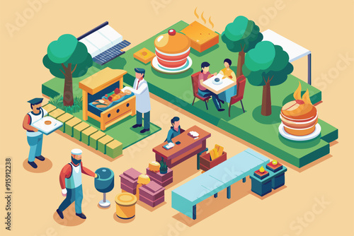 A vibrant catering setup features diverse food stations, chefs preparing dishes, and guests enjoying their meals in a lively outdoor setting