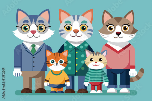 A whimsical depiction of a cat family, showcasing colorful, stylized feline characters dressed in vibrant outfits, all standing together in a lively pose