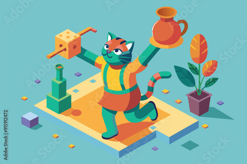 A mischievous cat excitedly tosses a vase while balancing a block in a vibrant isometric room filled with plants and colorful textures