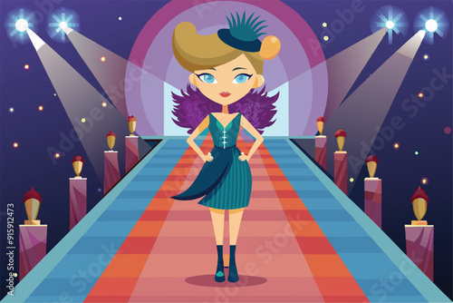 A fashionable model confidently walks down a brightly colored catwalk, showcasing her unique outfit under dazzling lights