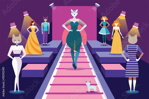 A colorful catwalk showcases stylized, disproportionately illustrated models in various outfits, spotlighted under vibrant lights