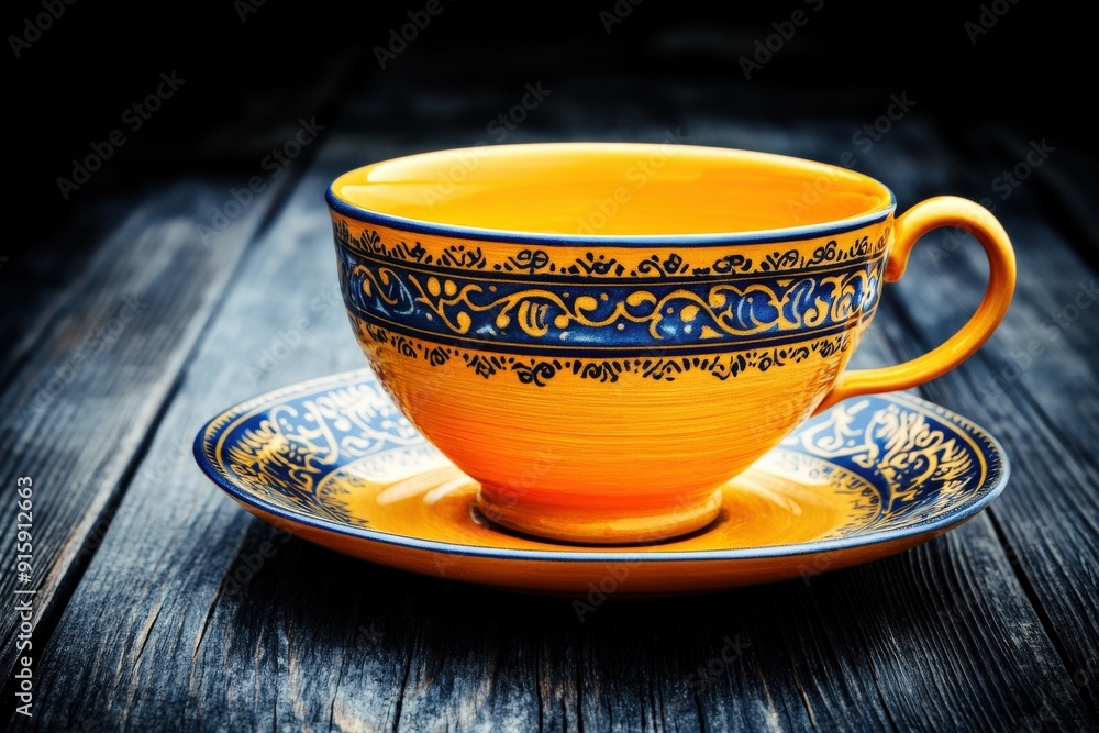 Decorative orange teacup with blue patterns on a wooden table