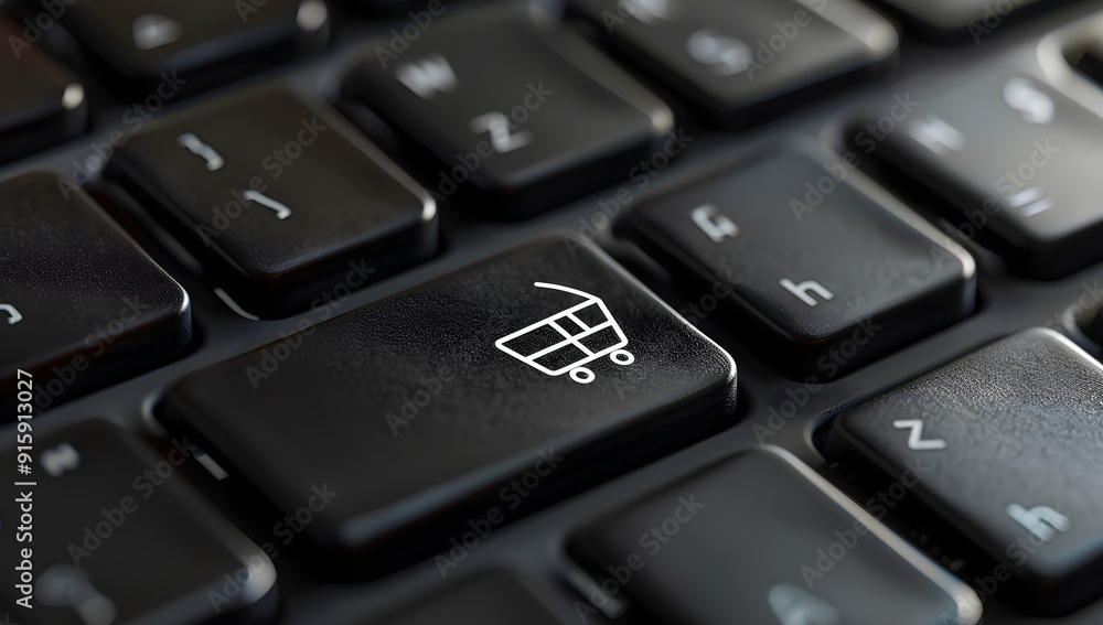 Closeup of a black keyboard with a white shopping cart icon on a key, symbolizing online shopping and e-commerce functionality Closeup of a black keyboard with a white shopping cart icon on a key, symbolizing online shopping and e-commerce functionality