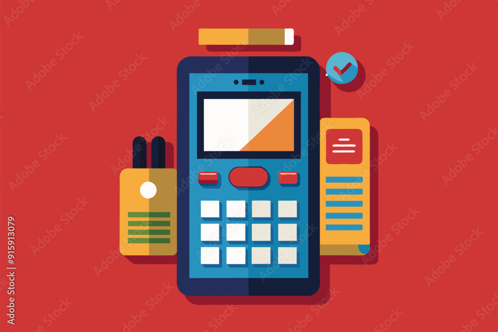 A customizable flat illustration showcases a modern cell phone surrounded by various tools and interface elements against a vibrant red backdrop A customizable flat illustration showcases a modern cell phone surrounded by various tools and interface elements against a vibrant red backdrop
