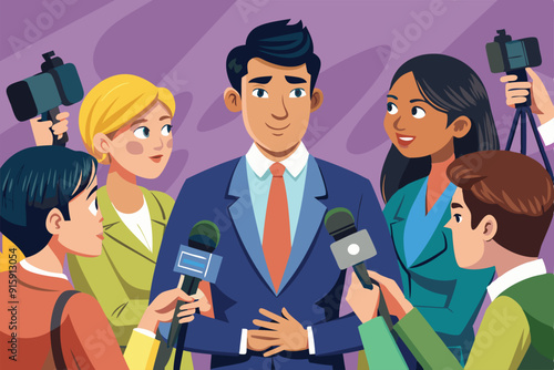 A well-known celebrity engages with journalists during an interview at a bustling press conference, surrounded by cameras and eager reporters