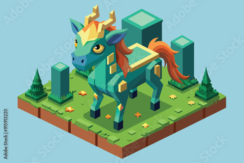 A vibrant centaur stands on a grassy terrain adorned with geometric structures and scattered foliage under a clear blue sky