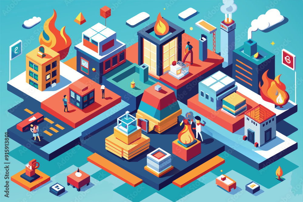 Various characters navigate a vibrant urban landscape filled with flames, buildings, and scattered activities in this engaging and colorful illustration Various characters navigate a vibrant urban landscape filled with flames, buildings, and scattered activities in this engaging and colorful illustration