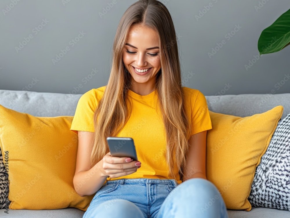 Cheerful young woman sitting on couch, enjoying her phone in living room Cheerful young woman sitting on couch, enjoying her phone in living room