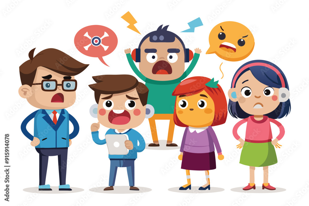 Characters express frustration and annoyance while surrounded by loud voices and distracting sounds in a vibrant cartoon setting Characters express frustration and annoyance while surrounded by loud voices and distracting sounds in a vibrant cartoon setting