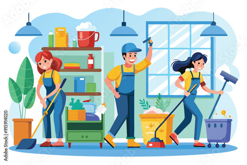 Three characters are cleaning, mopping the floor, and organizing the space indoors, creating a lively atmosphere of tidiness and teamwork